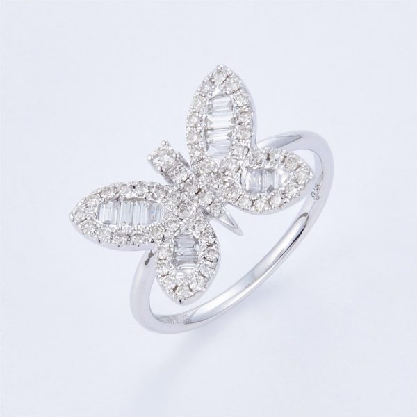 Lady's White 14 Karat Butterfly Halo Fashion Ring Size 8 0.28tw Round G/H SI1 Diamonds
0.17tw Baguette G/H SI1 Diamonds