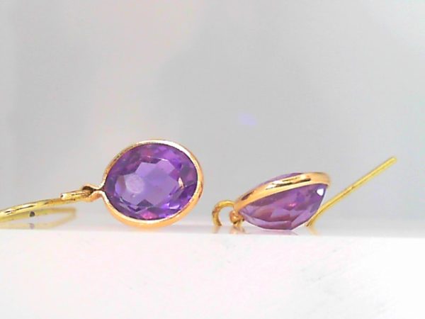 Lady's Yellow 14 Karat Drop Earrings With 2= Oval Purple Amethysts