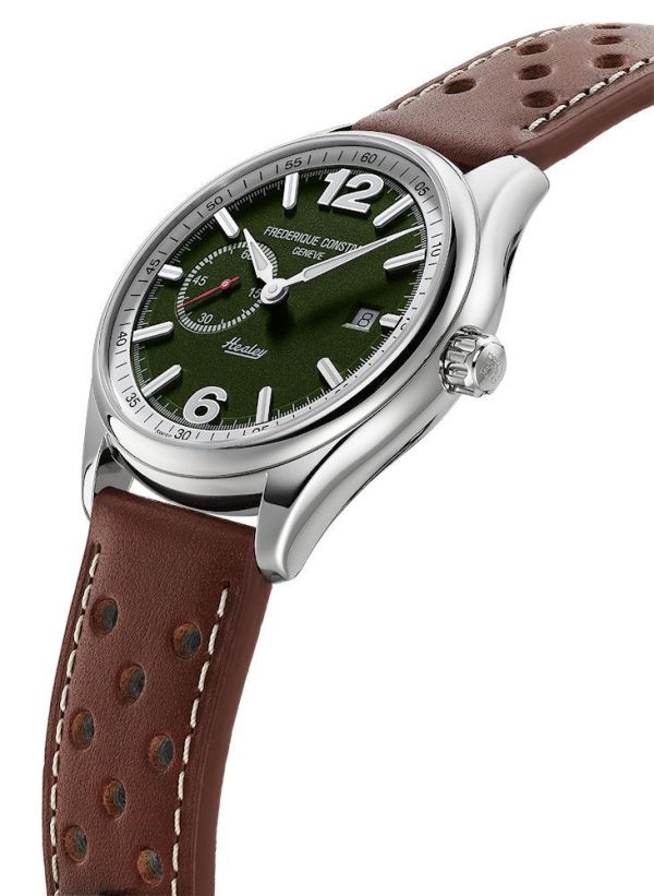 Frederique Constant Vintage Rally Healey Automatic watch. Model FC-345HGRS5B6. Limited Edition of 888 pieces. Swiss automatic movement. Stainless steel case. Green dial with white ring, date, small seconds sub-dial and luminous hands and indexes. Brown leather band. 663/888

Country : Switzerland
Brand : FREDERIQUE CONSTANT
Collection : VINTAGE RALLY
Model : FC345HGRS5B6
Style : VINTAGE RALLY HEALEY GREEN
Movement:Swiss made Mechanical Automatic (Powered by wrist motion). 31 jewels. Frederique Constant Cal. FC-345.
Functions:Date calendar, window display. Small Seconds platform.
Case:	Solid Stainless steel.
Crystal:	Sapphire.
Dial:	Green color. Applied polished steel tone markers. Luminous hour markers/dots. White ring.
Hands:	Steel color. Luminous filled.
Case Back:	Screw-down style ( threaded ). Engraved with Healey NOJ 393 vintage car.
Band:	Brown color. Genuine leather.
Water Resistance:	50m/165ft /5atm.
Case Size:	40.00mm. 11.00mm.
Other:	Limited Edition series. Worldwide quantity produced of only:. 888 pieces. 663/888 - Image 2