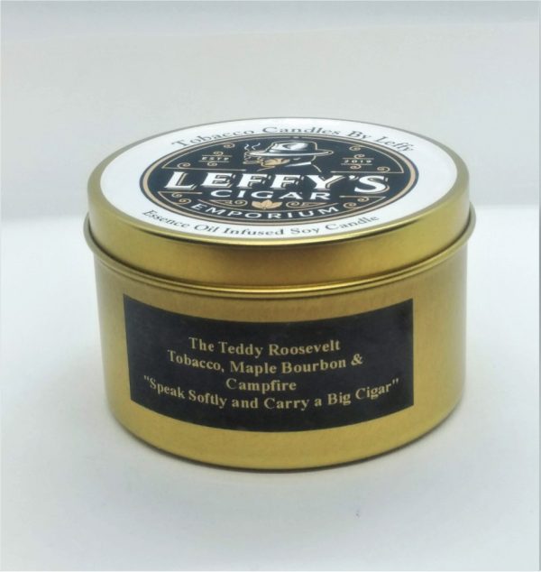 The Teddy Roosevelt Tobacco, Maple Bourbon & Campfire "Speak Softly & Carry a Big Cigar" in 7 oz Vintage Gold Tobacco Tin
Hand Poured in Colorado,Infused Organic Soy Candle. - Image 2