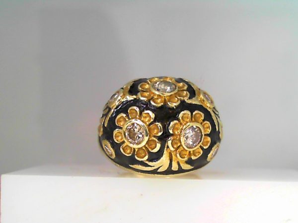 Lady's Yellow 14 Karat Antique Fashion Ring Size 7.25 With Round Diamonds & Enamel