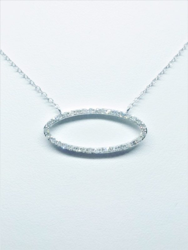 Lady's White 14 Karat Sideways Oval Necklace With 35=0.33Tw Rose Cut G/H Si1 Diamonds
Style: Cable Link
Length: 18