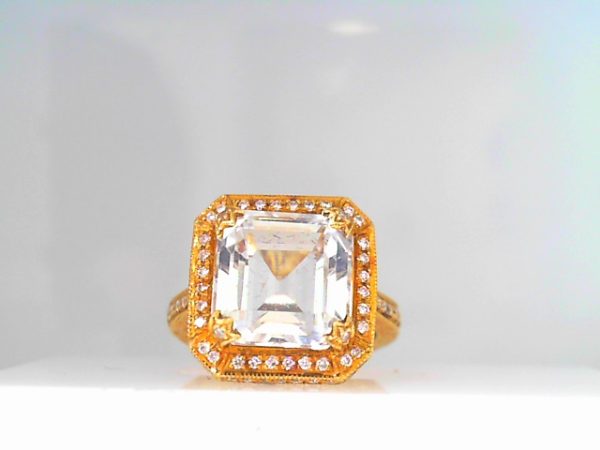 Lady's Yellow 18 Karat Antique Fashion Ring Size 4.75 With One Cushion Aqua And Round Diamonds