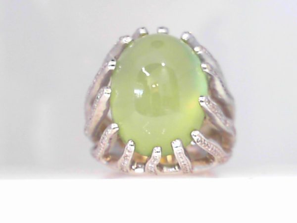 Lady's White 18 Karat Contemporary Fashion Ring Size 7.75 With 1 Prehnite gemstone & Round Diamonds