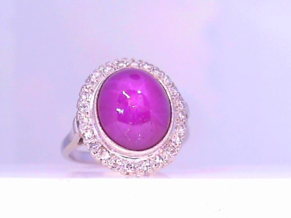 Lady's White 14 Karat Antique Fashion Ring Size 6 With One Round Ruby And Round Diamonds