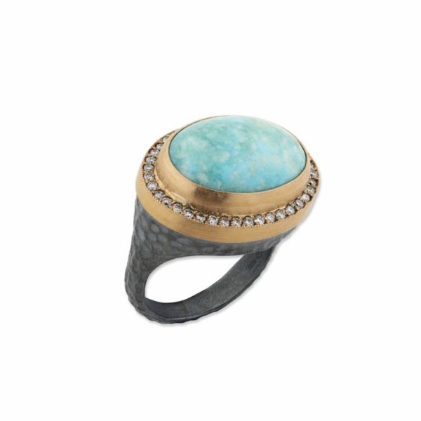 22K PEACH GLOW & OX. SILVER “POMPEI” RING WITH OVAL ARKANSAS TURQUOISE, COGNAC DIAMONDS 13X18 mm tq., EW

Details & Care:
Collection	
Turquoise Therapy

Metals	
OXIDIZED STERLING SILVER, ROSE GOLD 22K

Gemstone	
Turquoise, Diamond Cognac

Comments	
7.83 ct tq.(O), 0.30 ctw cd.

Stone Treatment Explanations »
Collection Tag	
POMPEI

Color	
BLUE