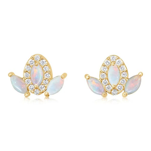 Lady's Rose 14 Karat Stud Earrings With 6=0.30Tw Various Shapes Opals And 24=0.12Tw Round Diamonds