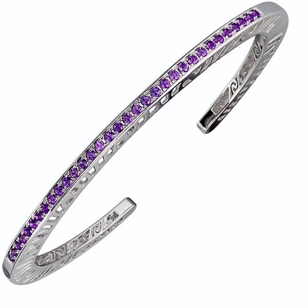 White SS Interlocking Spiral Cuff Bracelet Length 7-7.5,  33= Round Amethyst, 1.55mm ea,

Solid, narrow (3mm) cuff bracelet; pierced with signature interlocking spirals. 
The cuff has a spring hinge for better fit.. It is designed to fit tightly on thewrist (because with this design, you shouldn’t manually squeeze tighten the cuff). Large fits a 7-7.5” wrist.