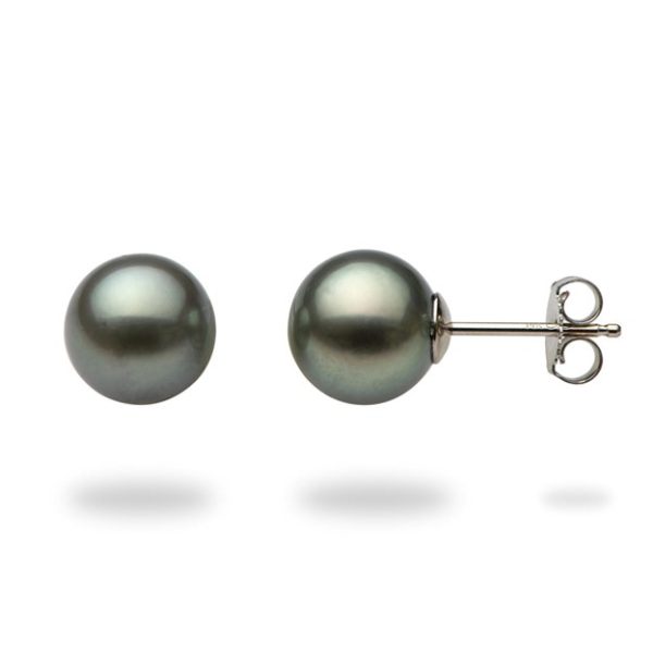 Lady's White 14 Karat Stud Earrings With 2 9..00Mm Round Black Pearls