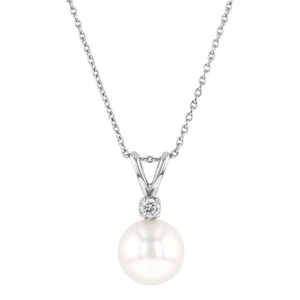 White 14 Karat  Length 16-18 one 8.00mm Cultured Pearl
one 0.02ct Round Diamond set in the bail