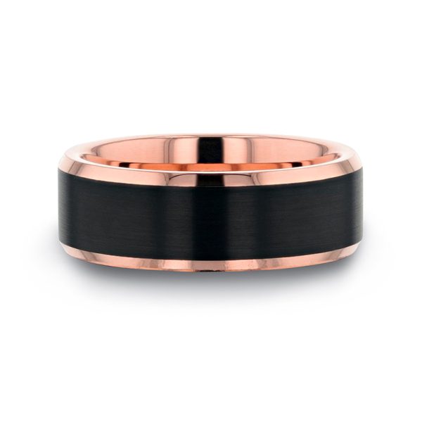 THORSTEN HAYDEN Rose Gold Plated Tungsten Polished Flat Beveled Ring with Brushed Black Center - 6mm
sz6.5