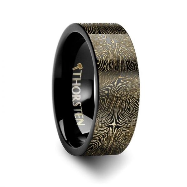 Damascus Steel Pattern Engraving Black Tungsten Engraved Ring 
Size 11  10mm wide